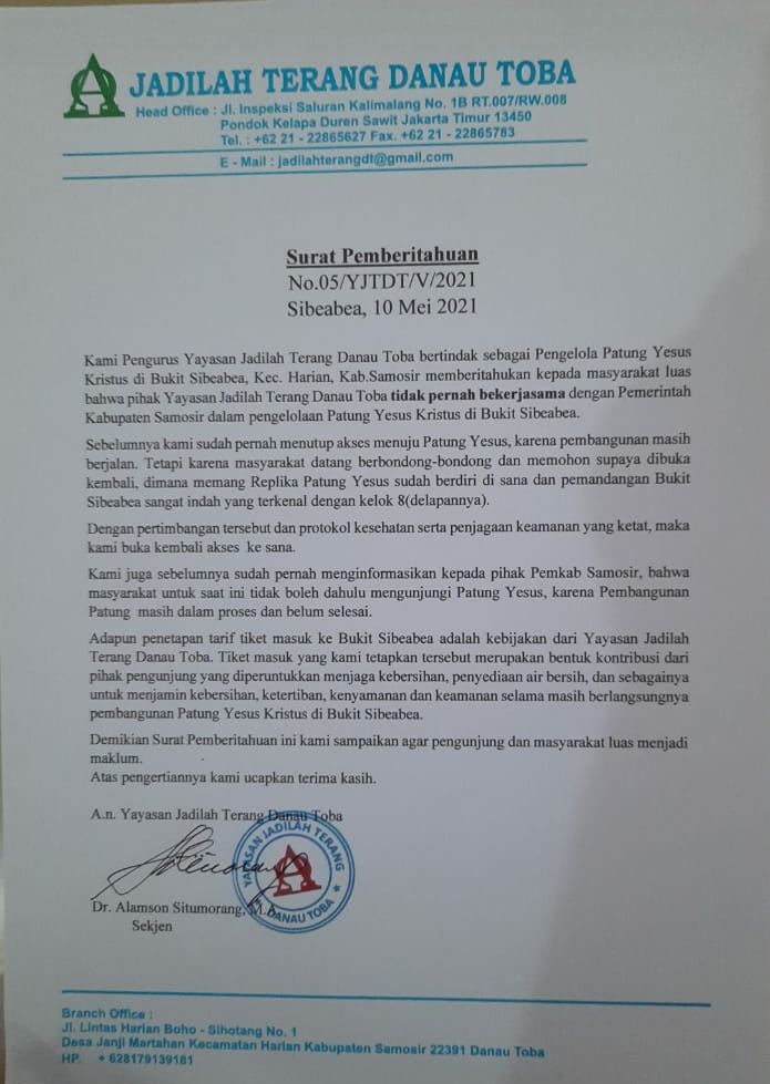 PENJELASAN YAYASAN JADILAH TERANG DANAU TOBA TERHADAP KETERANGAN PERS PEMERINTAH KABUPATEN SAMOSIR TANGGAL, 07 MEI 2021