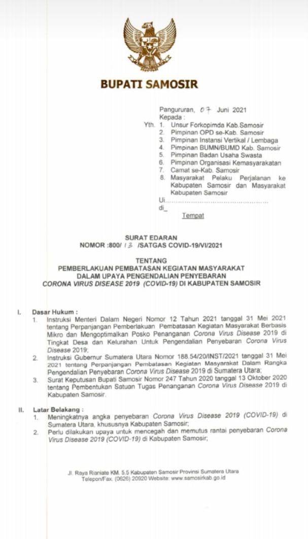 Pemkab Samosir Terapkan Pemberlakuan Pembatasan Kegiatan Masyarakat (PPKM)