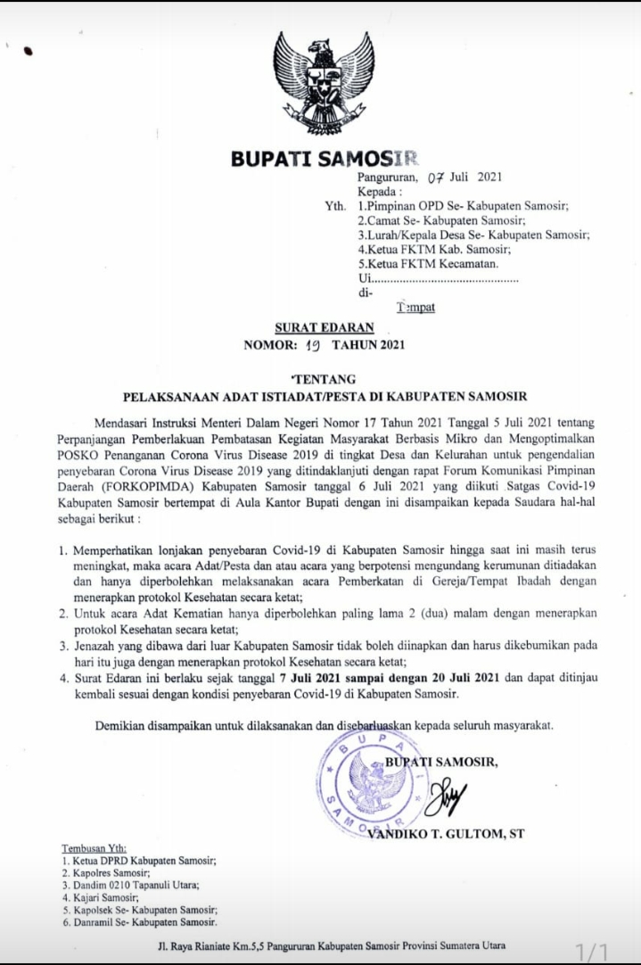 Surat Edaran Tentang Pelaksanaan Adat Istiadat/Pesta di Kabupaten Samosir