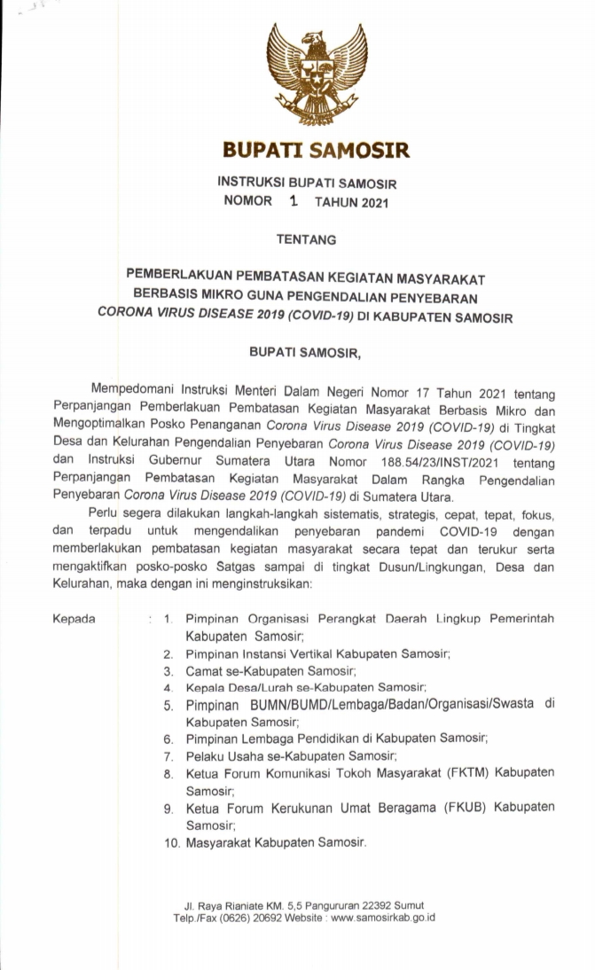 Instruksi Bupati Samosir Nomor 1 Tahun 2021 Tentang PPKM Berbasis Mikro Guna Pengendalian Penyebaran Covid-19 di Kabupaten Samosir