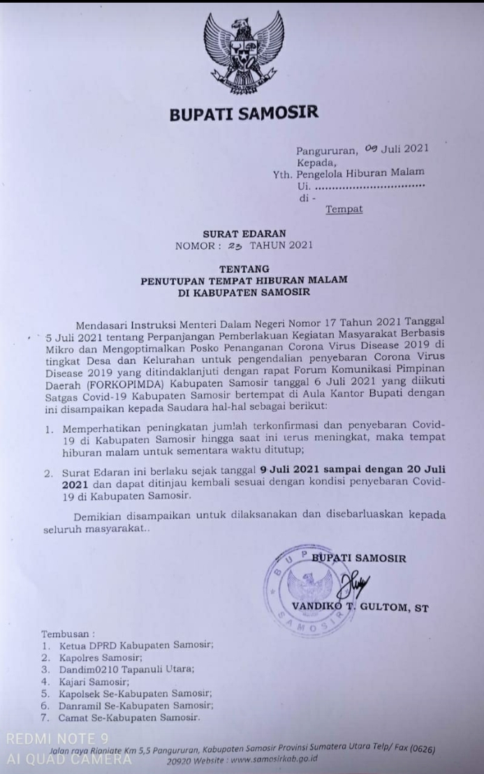 Surat Edaran Bupati Samosir Nomor 23 Tahun 2021