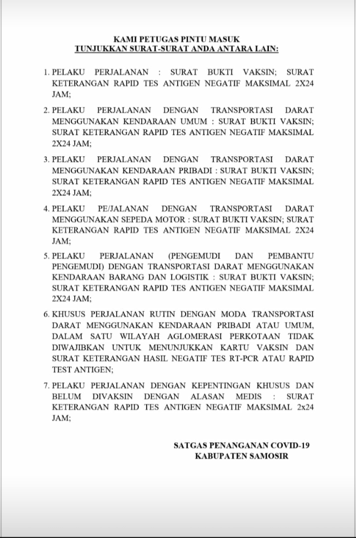 Syarat Pelaku Perjalanan Ke Kebupaten Samosir