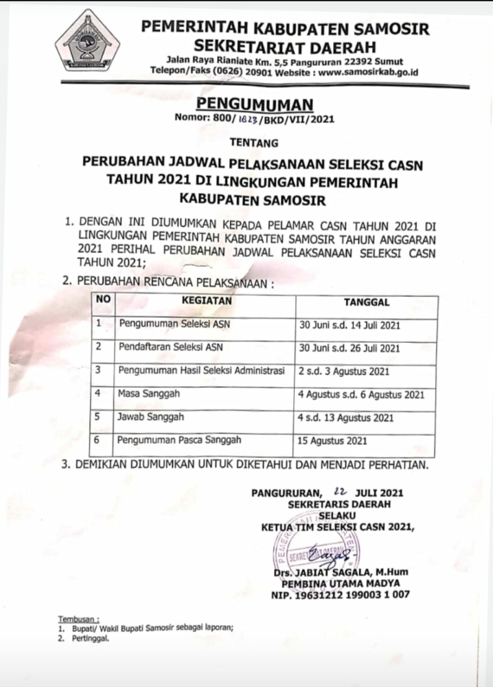 Perubahan Jadwal Pelaksanaan Seleksi CASN Tahun 2021 di Lingkungan Pemerintah Kabupaten Samosir