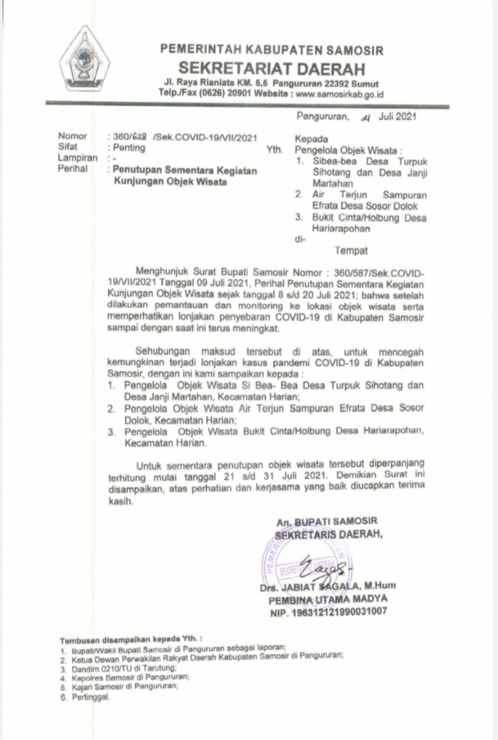 Perpanjangan Penutupan Sementara Kegiatan Kunjungan Objek Wisata di Kabupaten Samosir