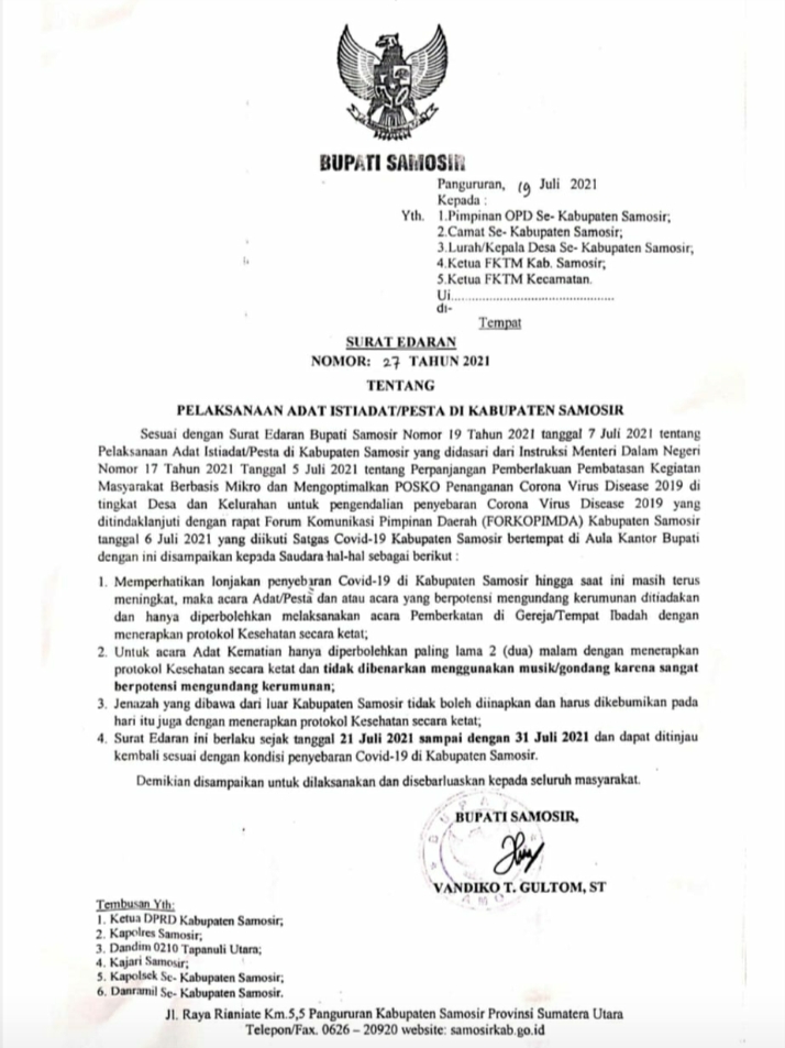 Surat Edaran Bupati Samosir Nomor 27 Tahun 2021 Tentang Pelaksanaan Adat Istiadat/Pesta di Kabupaten Samosir