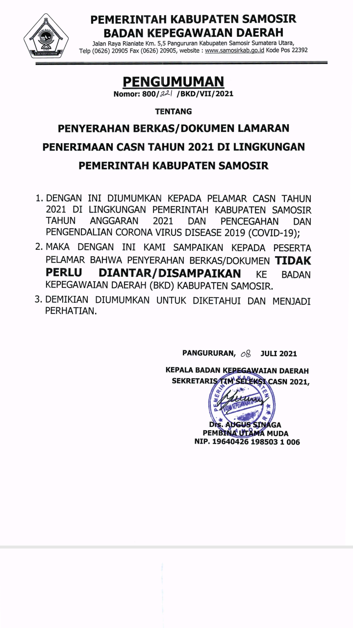 Pengumuman tentang Penyerahan Berkas/Dokumen Lamaran Penerimaan CASN Tahun 2021 di Lingkungan Pemerintah Kabupaten Samosir