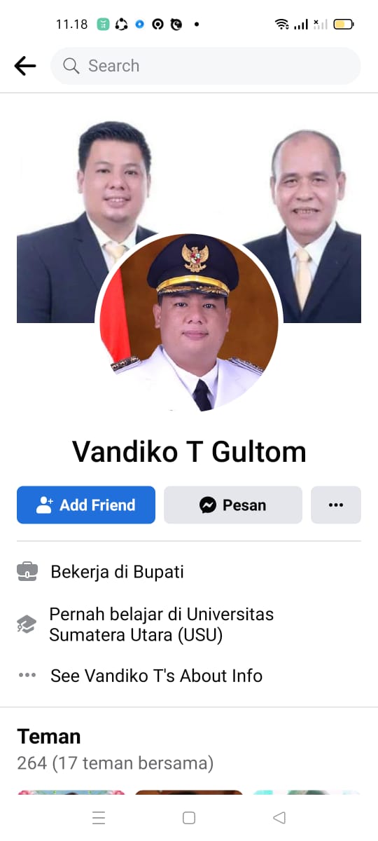 KLARIFIKASI DINAS KOMINFO KABUPATEN SAMOSIR ATAS AKUN PALSU BUPATI SAMOSIR VANDIKO T. GULTOM, ST