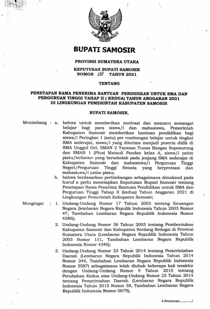 Keputusan Bupati Samosir Nomor 288 Tahun 2021
