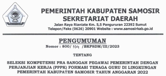 PENGUMUMAN HASIL SELEKSI KOMPETENSI PRA SANGGAH PPPK FORMASI TENAGA GURU DI LINGKUNGAN PEMERINTAH KABUPATEN SAMOSIR T.A. 2022
