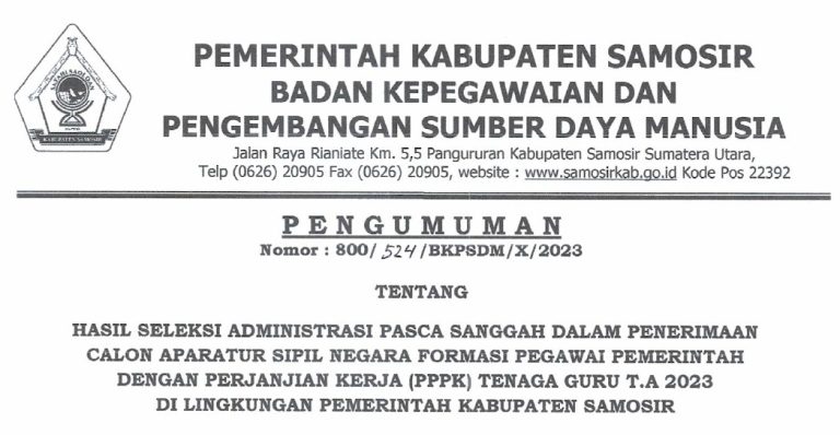 PENGUMUMAN HASIL SELEKSI ADMINISTRASI PASCA SANGGAH DALAM PENERIMAAN CASN FORMASI PPPK TENAGA GURU TAHUN ANGGARAN 2023