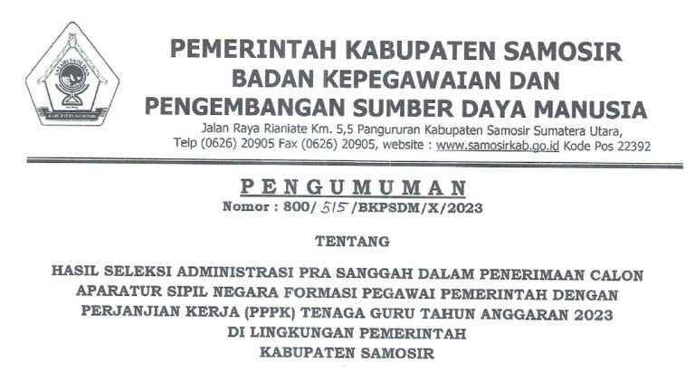 PENGUMUMAN HASIL SELEKSI ADMINISTRASI PRA SANGGAH DALAM PENERIMAAN CASN FORMASI PPPK TENAGA GURU TAHUN ANGGARAN 2023