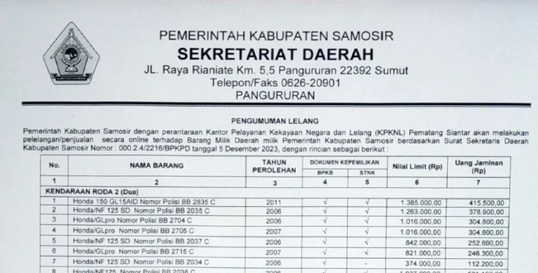 PENGUMUMAN LELANG BARANG MILIK DAERAH PEMERINTAH KABUPATEN SAMOSIR