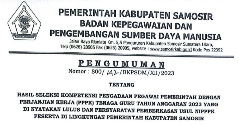 PENGUMUMAN HASIL SELEKSI KOMPETENSI PENGADAAN PPPK TENAGA GURU T.A. 2023