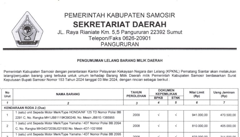 PENGUMUMAN LELANG BARANG MILIK DAERAH