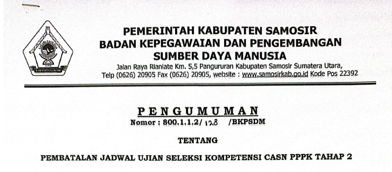 PENGUMUMAN PEMBATALAN JADWAL UJIAN SELEKSI KOMPETENSI CASN PPPK TAHAP 2