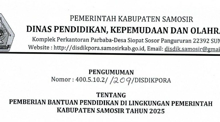 PENGUMUMAN PEMBERIAN BANTUAN PENDIDIKAN DI LINGKUNGAN PEMERINTAH KABUPATEN SAMOSIR TAHUN 2025